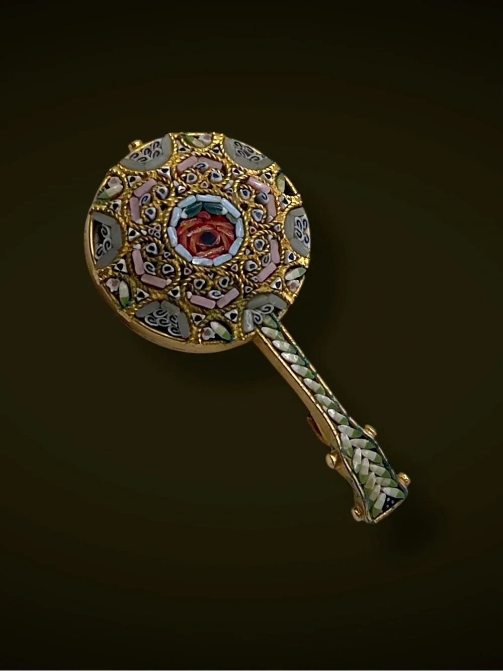 Vintage Italian Micro Mosaic Banjo Mandolin Brooch Pin Floral Glass Tesserae